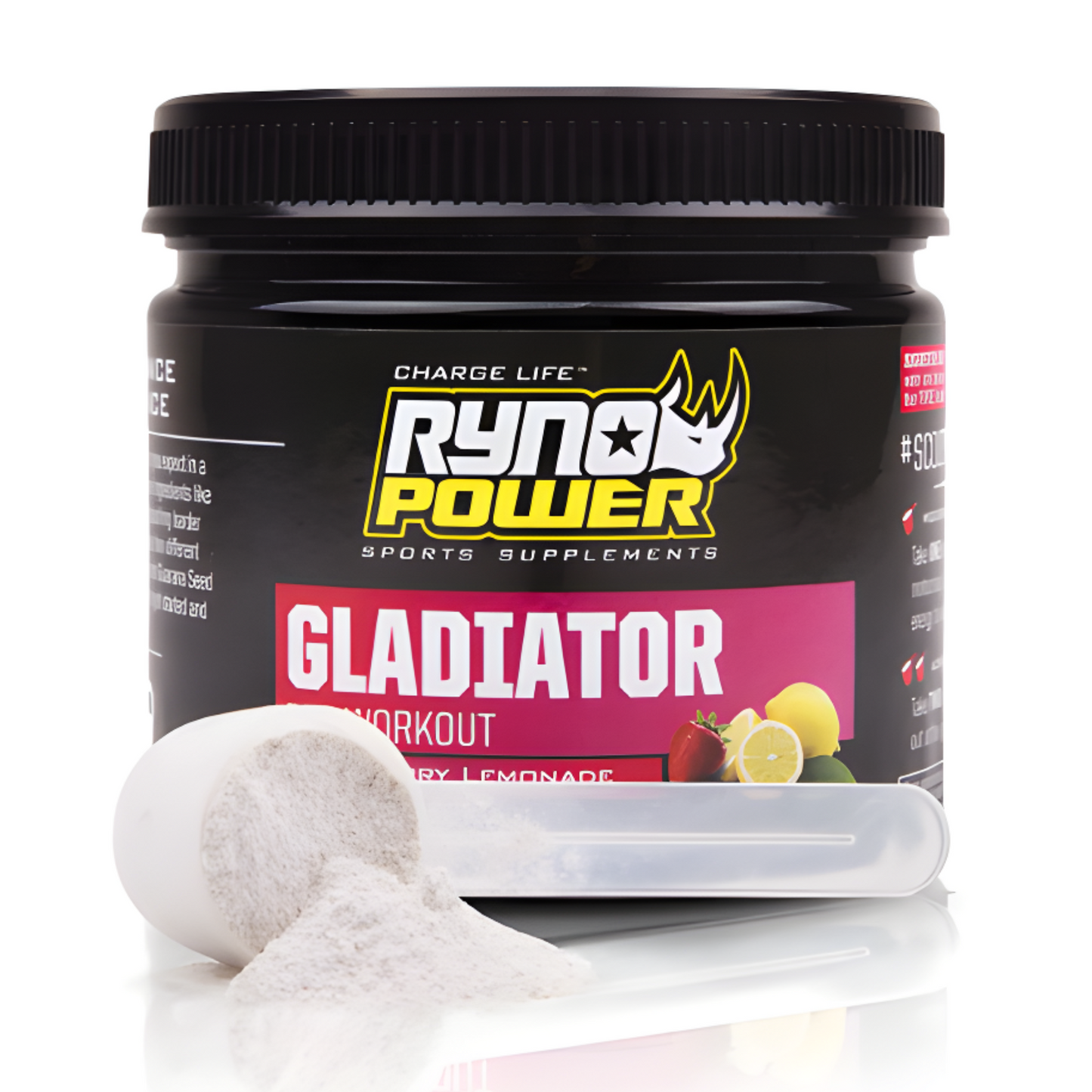 RynoPower Gladiator Pre-Workout Drink Mix Strawberry Lemonade Front with Scoop