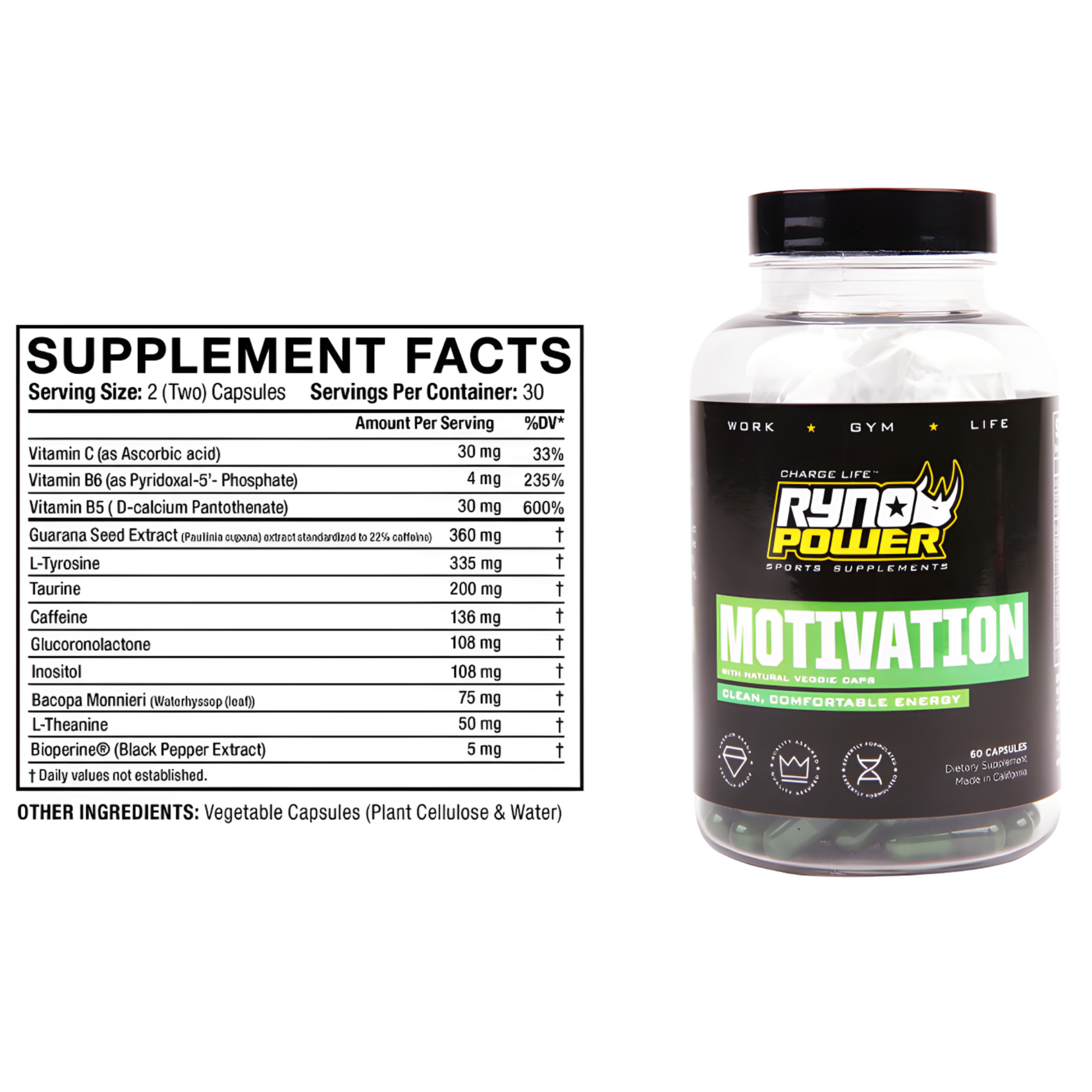 RynoPower Motivation Pre-Workout Supplement Main Package Supplement Facts